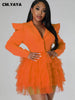 Vintage Women Single Breasted Notched Neck Puff Long Sleeve Mesh Cascading Ruffles Big Swing Blazer Dress Chic Vestidos