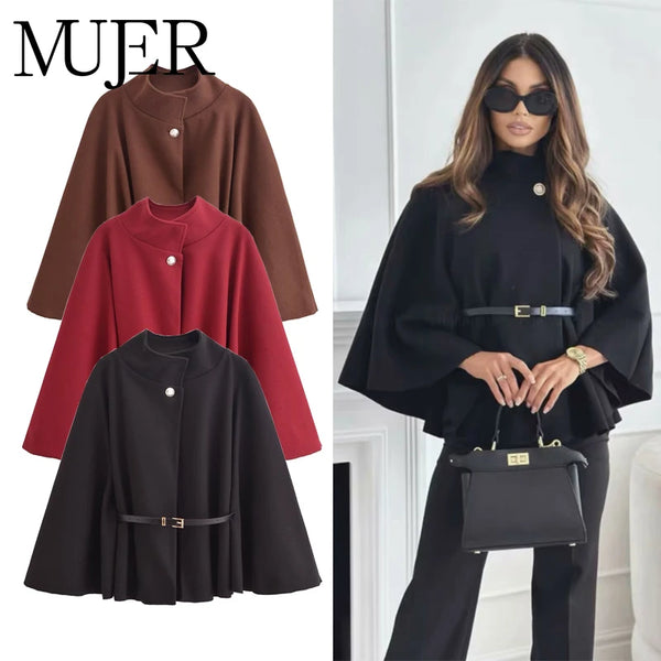 Mujer Belt Poncho Capes Women Black Cloaks Winter Coats Woman Bat Sleeve Cape Coats for Women Women's Cape Jacket