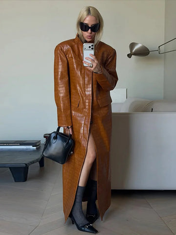 Crocodile Embossed Faux Leather Windbreaker Women Single Breasted Pocket Long Trench Coat Vintage Y2K Street Overcoat
