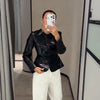Women Lapel Collar Single Button Croc Embossed Leather Jacket Long Sleeve Drop Shoulder Patch Pocket Loose Retro Short Street