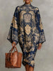Women's Vintage Elegant Printed High Neck Kaftan Dress Long Sleeves Loose Elegant Evening Midi Dresses Robe