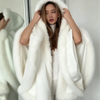 Women Furry Trim Hooded Cape Coat Warm Loose White Shawl Cloak Winter Evening Party Festival Elegant Lady Outfit