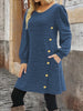 Elegant Plus Size Women's Dress Autumn Winter, Round Neck Long Sleeve Button Pocket Dress