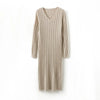 Women Pure Wool Sweater Dresses Long Sleeve Purllover 100% Merino Wool V-neck Knitwear Spring Autumn Grace Striped Dresses