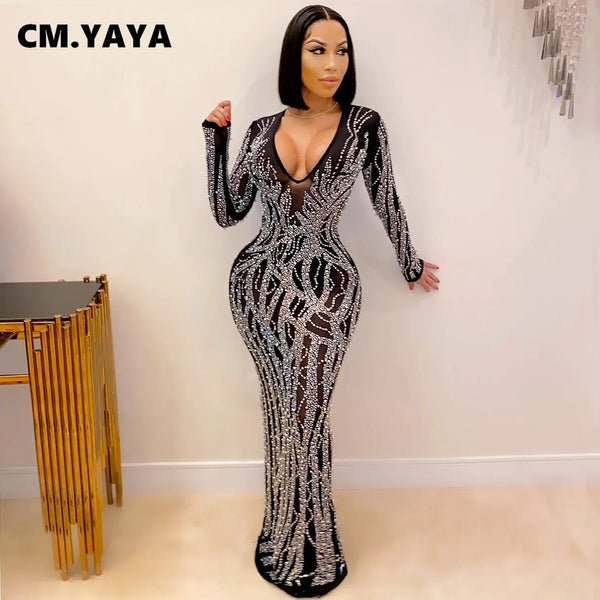 Women Long Sleeve V-neck Rhinestones Slit Back Crystal Bodycon Maxi Dress Sexy Club Party Pencil Evening Long Dress