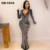 Women Long Sleeve V-neck Rhinestones Slit Back Crystal Bodycon Maxi Dress Sexy Club Party Pencil Evening Long Dress
