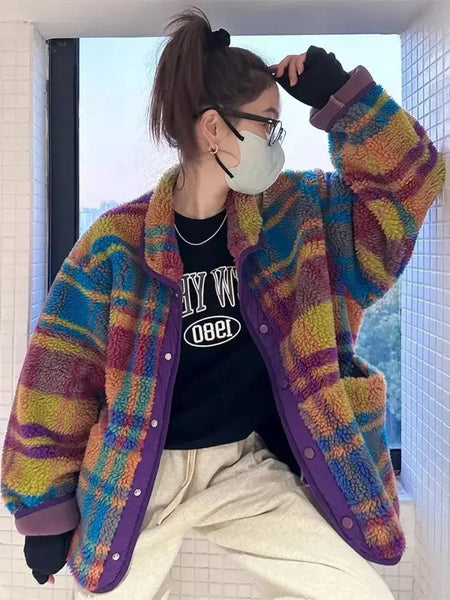 Women Coat Polar Fleece Plaid Autumn Winter Thick Vintage Casual Women Jacket Euro-America Style
