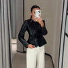 Women Lapel Collar Single Button Croc Embossed Leather Jacket Long Sleeve Drop Shoulder Patch Pocket Loose Retro Short Street