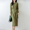Women Wool Dress Sweater 100% Merino Wool Knitted Self-belt Long Skirt Autumn Winter Round Neck Pullover Cashmere Straight Skirt