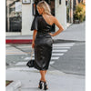 Womens Satin One Shoulder Batwing Sleeve Ruched Bodycon Midi Long Dress Asymmetrical Wrap Front Cocktail Party Dresses