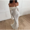 Vintage Hollow Out Floral Lace Off Shoulder Maxi Dress Women Flare Long Sleeve Slim Dresses Elegant Lady Party Robe