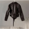 Women Leather Bomber Jackets Coats With Belt Notched Shoulder Pads Motorcycle Street Chic Short Outwear Solid Lace Up