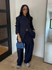 Chic Solid Stand Neck Blazer Jacket Pant Set Women Full Sleeve Shoulder Pads Coat Wide Leg Pants Autumn Commute Outfit