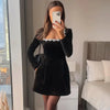 Elegant Square Neck Diamond Short Velvet Dress For Women Two Pockets Slim Office Ladies Outfits A-Line Long Sleeve Dress