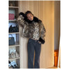 Deer Print Faux Fur Cropped Jackets Women Blue Contrast Lapel Cuff Button Fluffy Warm Short Coat Lady Winter Street Outwear