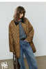 Women Cotton Jacket Winter Retro Diamond Grid Workwear Large Pocket Mid Length Jacket Brown