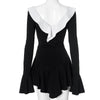 Sexy Black White Patchwork Ruffles Short Dress Women's Long Flare Sleeve Lace-up Evening Party Mini Dresses Female Blue Pink Red