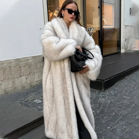 Full Sleeves Faux Long Coat Women's Casual Lapel Loose Warm Overcoats Winter Daily High Street Outwear