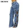 Women Streetwear Cutout Hollow Out Criss Cross Side Wide Leg Blue Denim Pants Sexy Party Jeans Trousers