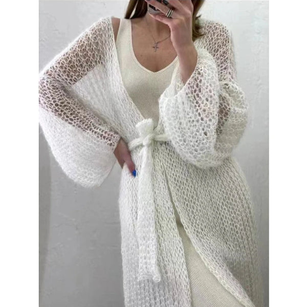 Knitted Open Stitch Cardigan Sweater for Women Autumn Winter Solid Front Pocket Long Sweater Coat Loose