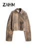Vintage Tie-dye Suede Women Jacket Long Sleeve Lapel Zipper Slim Female Short Jackets Spring Pocket Lady Outwear