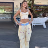 Floral Print Sweetheart Cami Crop Top Lace Up Wide Leg Pants Autumn Women Two Piece Outfit Street Ladies Casual Suit