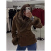 Women Suede Faux Fur Trim Jacket Fur Lapel Collar Cuffs Double Breasted Fitted Waist Long Sleeve Coats Vintage Warm Winter Coat