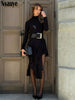 Casual Women Pullover Turtleneck Black Elegant Long Sleeve Midi Dress Ruffles Sexy Party Evening Night Club Dress