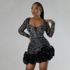 Women Dress Diamonds Splice Ruffles Mini Dresses Square Collar Full Sleeve Slim Fit Sold Evening Party Vestidos Elegant Ladies