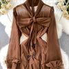 Retro Elegant V-neck ruffle lace-up pleated long sleeve A-line Casual High Waist Dress Women Autumn Dress