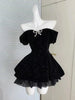 Autumn Vintage Elegant Y2K Velvet Off Shoulder Dress Bow Bodycon Mini A-line Women Evening Party Subculture Lolita