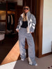 Women Color Block Spliced Ski Set Fleece Lined Stand Collar Zip Jacket Multi‑Pocket Wide Leg Trousers Winter Outfit
