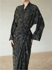 Women Silk Pendant Ink Color Midi Dress V-Neck Slim Wrapped Tie Waist Long Dresses for Ladies