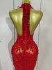 Sparkly Red Rhinestones Feather Sexy Mesh See Through Long Dress Women Birthday Evening Nightclub DJ Dancer Stage Costume