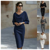 Spring Women's Elegant Dress High Waist O-neck 7-quarter Sleeves Slim Simple Office Solid Color Female Mid-length Skirt