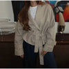 Lapel Collar Belted Jacket Women Long Sleeve Double Breasted Wide Cuff Strap Open Front Casual Coat Autumn Jackets