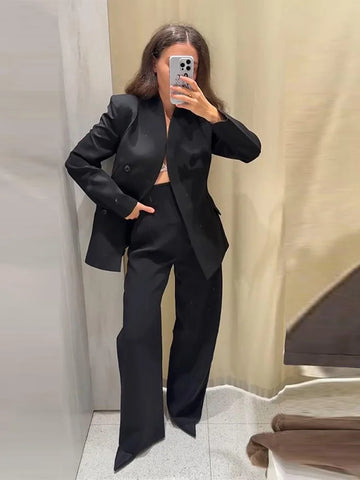 Balck Pants Set For Women Casual Stand Collar Single Breasted Blazer Wide-leg Pants Lady Spring Chic Street Outfits