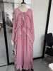 Casual Solid Ruffles Patchwork Robe Women Minimalist Full Sleeve Mesh Loose Fit Lace Up Maxi Dress Vacation Daily Date Wear
