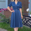 Women Silky Satin Party Midi Dress Elegant V-Neck Short Puff Sleeve Belted A-Line Dress Graceful Cocktail Vestidos Mujer