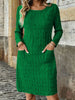 Fall Women Plus Size Midi Dress, Solid Round Neck Long Sleeve Casual Dress with Pockets, Loose Daily Wear Dress for Ladies