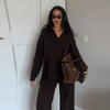 Brown V-Neck Knit Shirt Pants Set Women Solid Long Sleeve Top Empire Straight Loose Trousers Lady Spring Suit