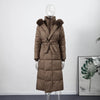 Elegant Fur Collar Hood Belt Long Cotton Jacket Women Zipper Drawstring Waist Parka Down Coat Winter Lady Warm Chic Outwear