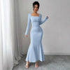 Elegant Long Sleeve Fish Tail Dress Women's Slim Fit Sexy Gown Full Length Ankle Skirt Regular Waistline