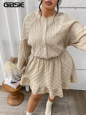Plus Size Solid Buttons O-Neck Long Sleeve Shirt Dress Women Autumn Elastic Waist Casual Ruffle Hem Short Dresses