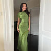 Olive Green Satin Maxi Dress Women Elegant Shawl Design Lace Trim Asymmetrical Hem Ruched Bodycon Formal Dinner Gown