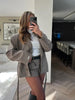 Women Checked Lapel Jacket Shorts Set Long Sleeve Buttons Belt Pocket Loose Blazer Suit Lady Office Commute Outfit