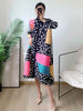Pleated Contrast Color Leopard Printed Dress Stand Neck Single Breasted Mid-length Dresses Women Party Clothing 2Q1027