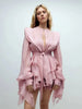Sexy O Neck Long Sleeve Ruffles Folds A-line Dress Women Hollow Out Lace Up High Waist Mini Dresses Evening Party Cocktail