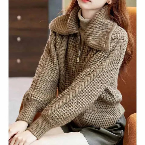 Women Solid Color Zipper Knitted Cardigan Coat Female Large Size Loose Fit Korean Knitted Cardigan Thickness Sweater Jacket