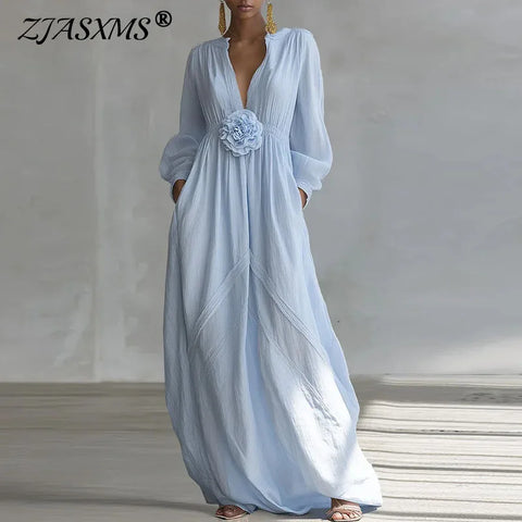 Bohemian Elegant 3D Flower High Waist Maxi Dress Woman Spring V Neck Solid Pocket Long Dress Casual Long Sleeve Loose Party Robe
